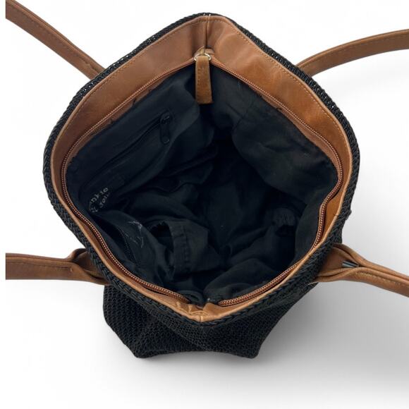 Woven Knit Purse Bag Shoulder Leather Black Brown Medium Sized Frank Johnny - Picture 4 of 5